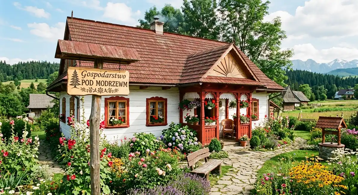 Budynek fermy ChickenJetLog z widocznym szyldem i ogrodem kwiatowym