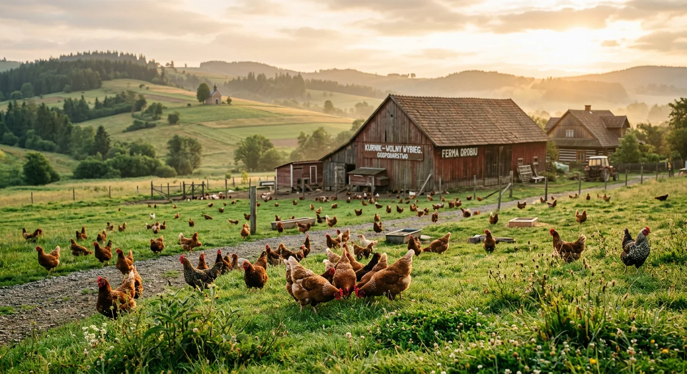 Ferma drobiu ChickenJetLog z kurami na wolnym wybiegu o porannym świetle